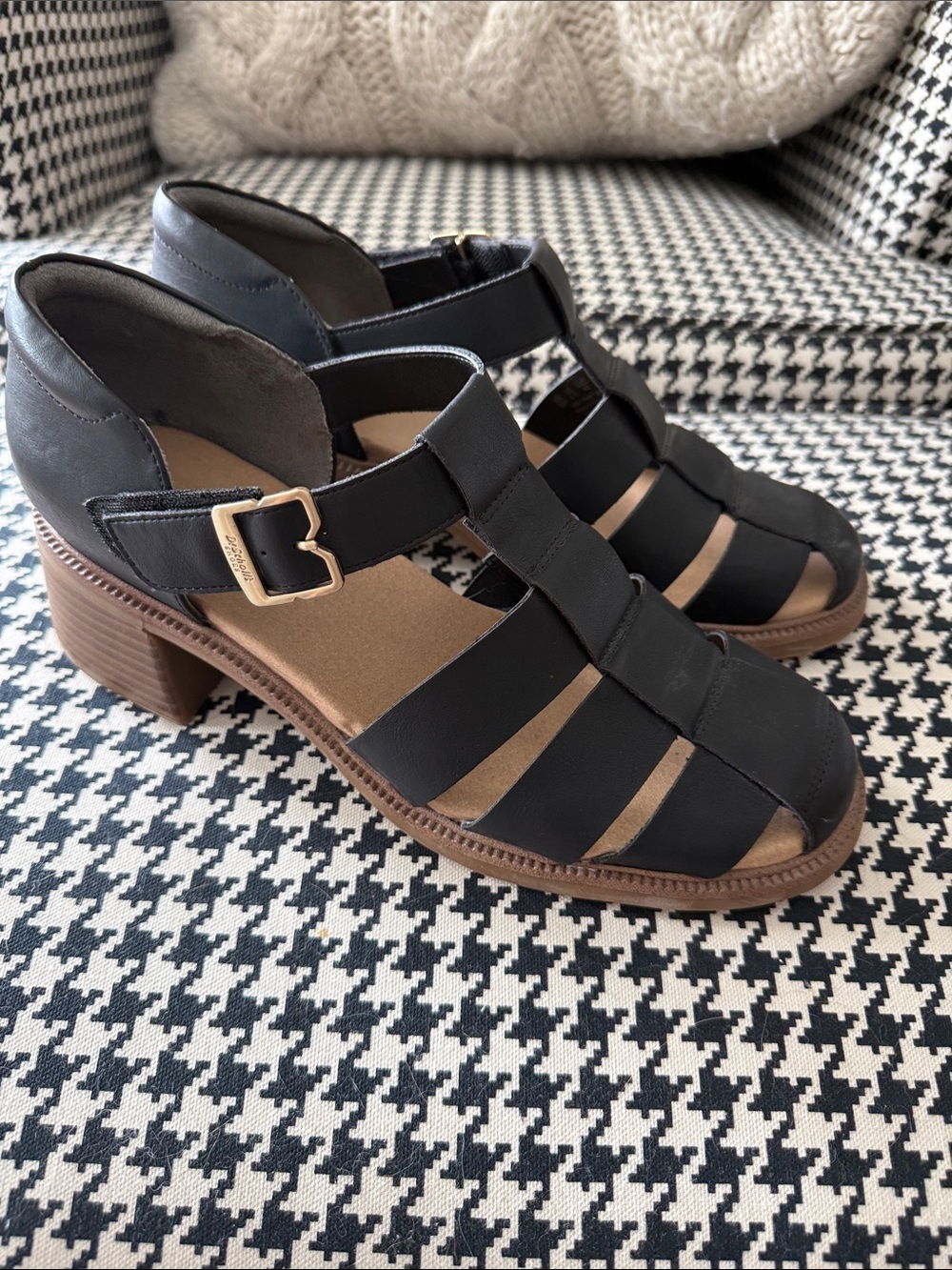 Dr. Scholl's Fisherman’s Black Strappy Low Block Heel Sandals with Gold Buckle